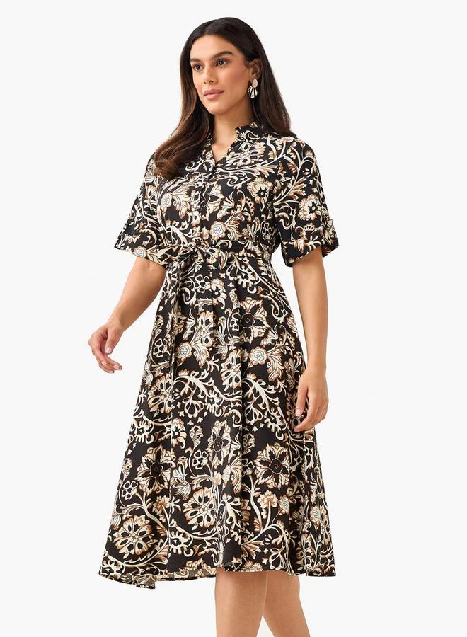 سبلاش فيڤ Belted Midi Shirt Dress with Printed Design